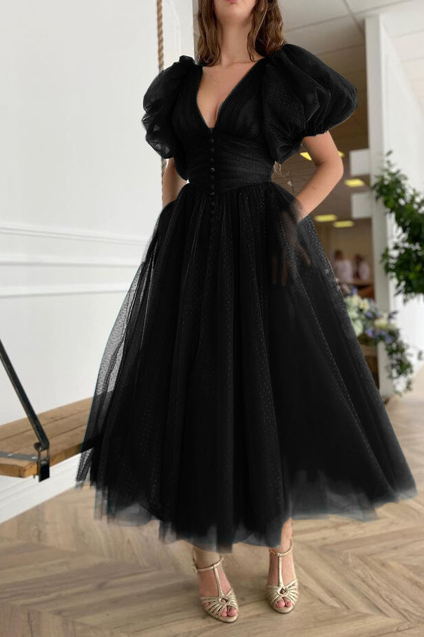 Newinlook Dark Green Evening Dress A-Line With Short Sleeves V-Neck