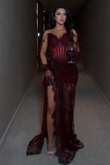Strapless Sleeveless Long Mermaid Formal Dress With Split Lace