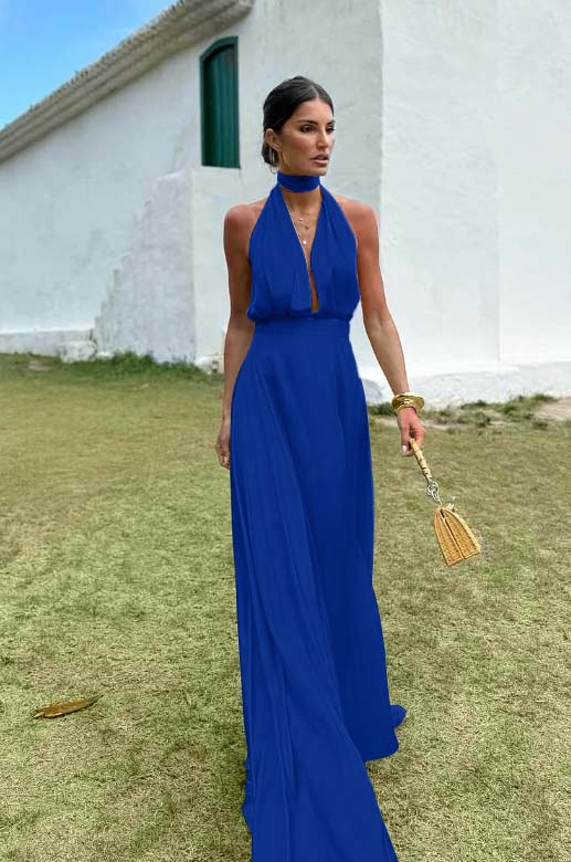 Charming Sleeveless Halter V Neck Long Formal Dress With Pleated