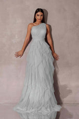 Chic One Shoulder Sleeveless Long Formal Dress With Tulle Ruffle