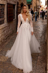 Deep V-Neck Long Sleeves Tulle Wedding Dress With Appliques