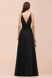 Deep V Neck Spaghetti Straps Slit Long Black Bridesmaid Dress