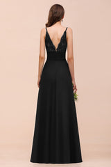 Deep V Neck Spaghetti Straps Slit Long Black Bridesmaid Dress