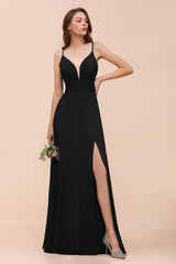 Deep V Neck Spaghetti Straps Slit Long Black Bridesmaid Dress