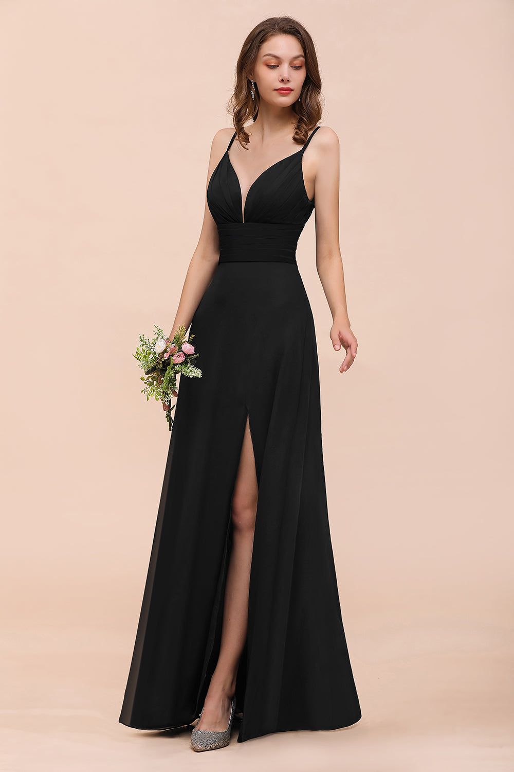 Deep V Neck Spaghetti Straps Slit Long Black Bridesmaid Dress