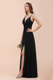 Deep V Neck Spaghetti Straps Slit Long Black Bridesmaid Dress