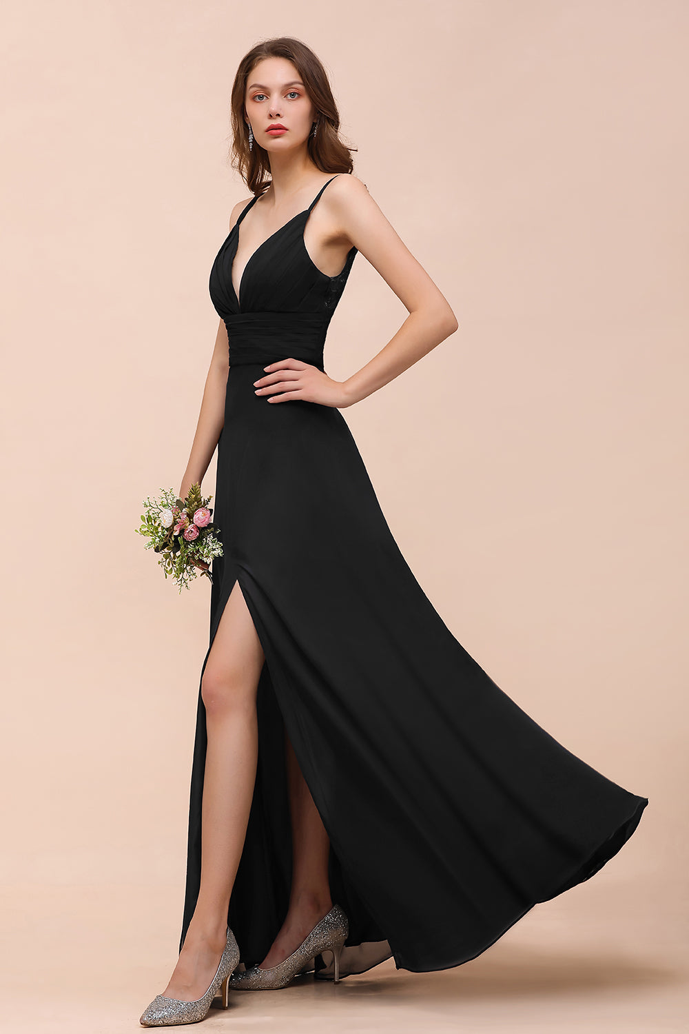 Deep V Neck Spaghetti Straps Slit Long Black Bridesmaid Dress