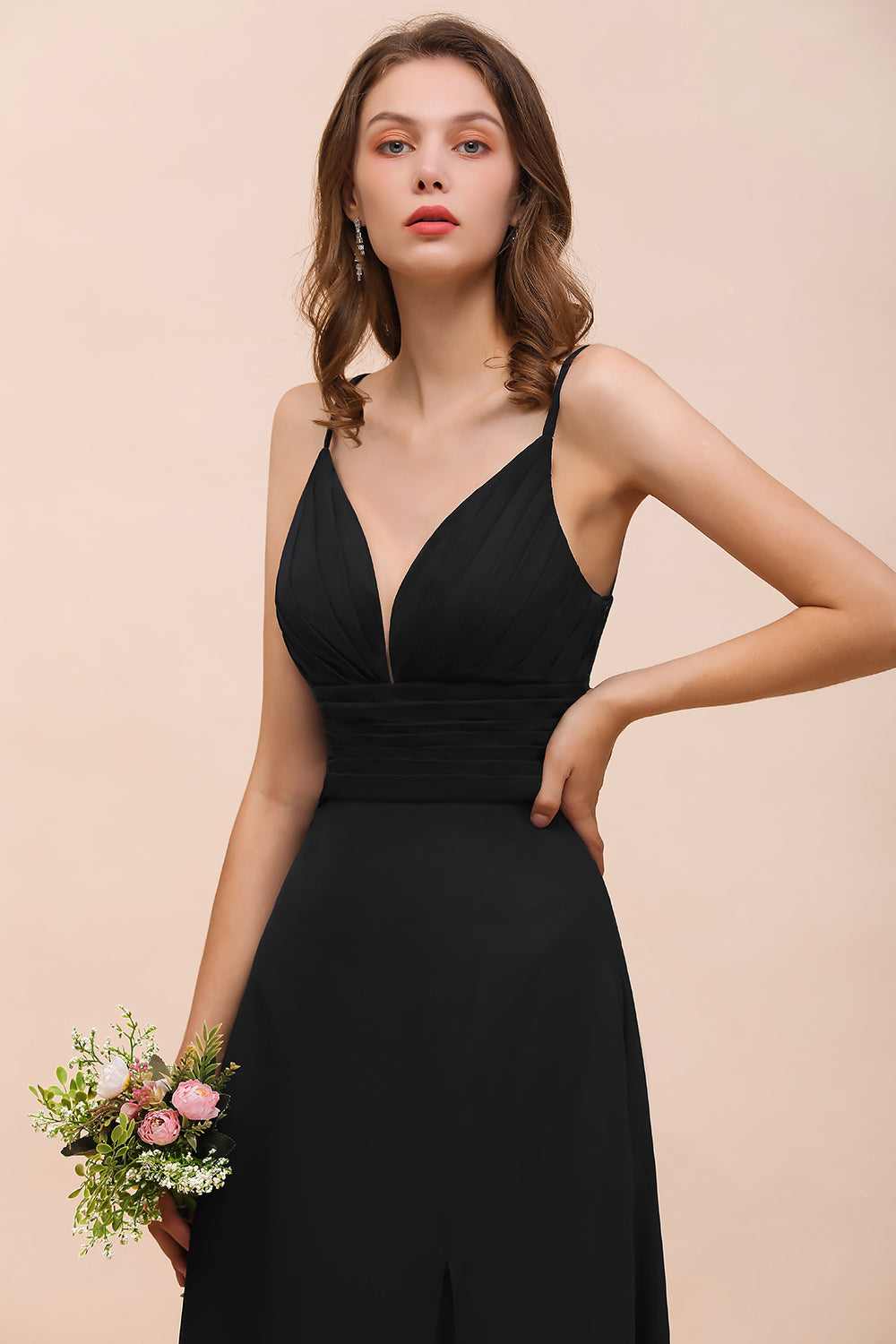 Deep V Neck Spaghetti Straps Slit Long Black Bridesmaid Dress