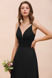 Deep V Neck Spaghetti Straps Slit Long Black Bridesmaid Dress