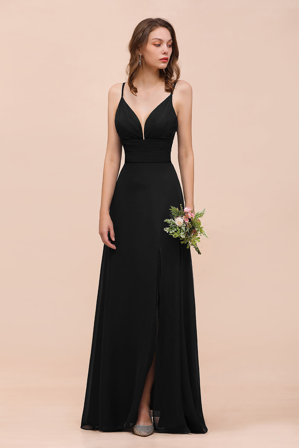 Deep V Neck Spaghetti Straps Slit Long Black Bridesmaid Dress