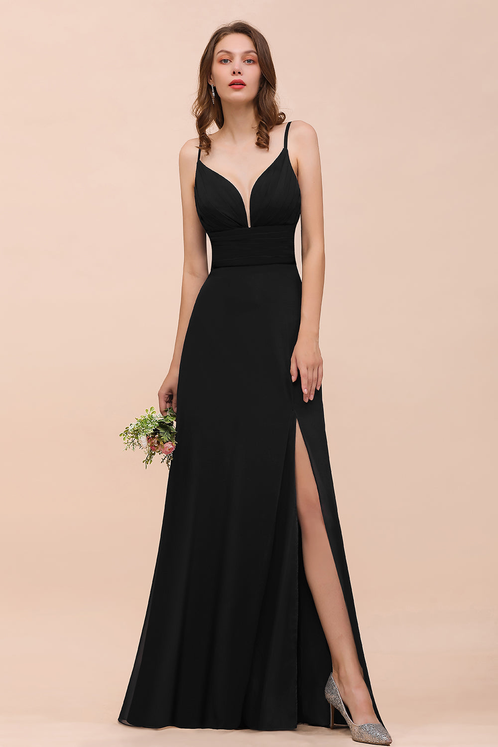 Deep V Neck Spaghetti Straps Slit Long Black Bridesmaid Dress