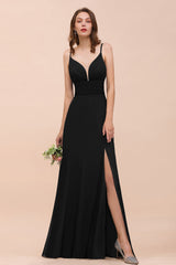 Deep V Neck Spaghetti Straps Slit Long Black Bridesmaid Dress