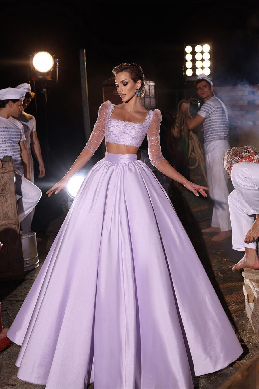 Designer Two-Piece A-Line Prom Dress with Beading and 3/4-Length Sleev – Newinlook