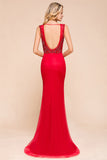 Detachable Red V-Neck Long Prom Dress Sleeveless Beadings Tulle Evening Gowns