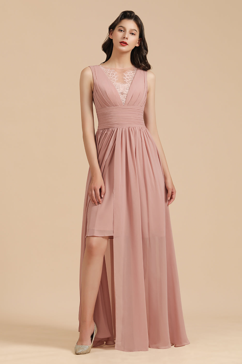 Dusty Rose Chiffon V-Neck Bridesmaid Dress Long
