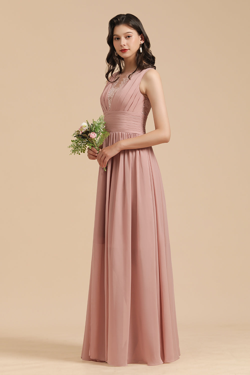 Dusty Rose Chiffon V-Neck Bridesmaid Dress Long