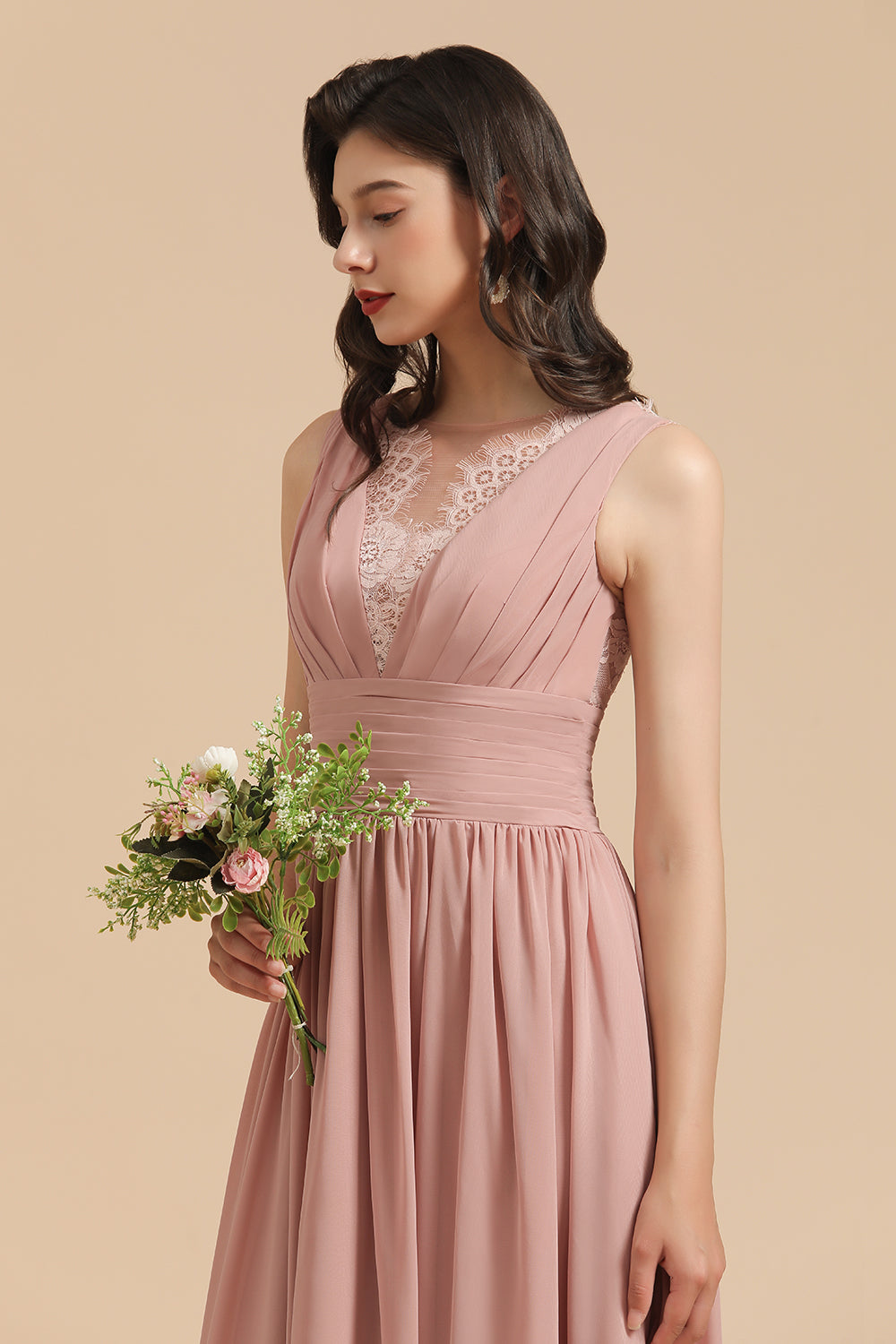 Dusty Rose Chiffon V-Neck Bridesmaid Dress Long