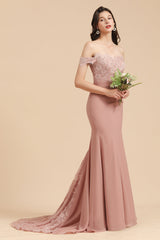 Dusty Rose Off-the-Shoulder Lace Bridesmaid Dress