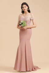 Dusty Rose Off-the-Shoulder Lace Bridesmaid Dress