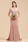 Dusty Rose Off-the-Shoulder Lace Bridesmaid Dress