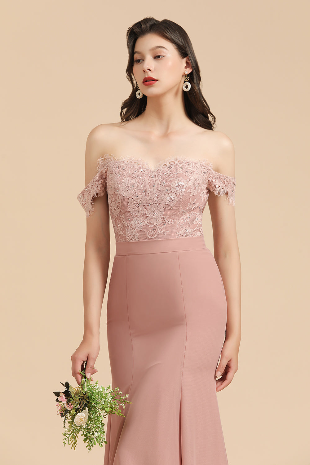 Dusty Rose Off-the-Shoulder Lace Bridesmaid Dresses Newinlook Dusty Rose Off-the-Shoulder Lace Bridesmaid Dresses Newinlook