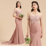 Dusty Rose Off-the-Shoulder Lace Bridesmaid Dress