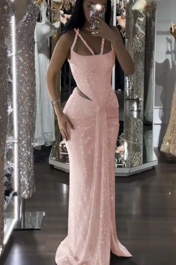 Straps Sleeveless Long Mermaid Formal Dress With Sequins Pleated