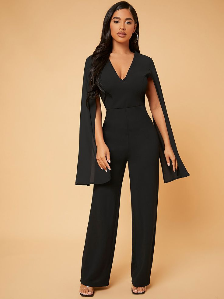 Newinlook Elegant Black V-Neck Long Jump Suit With Cape Sleeves