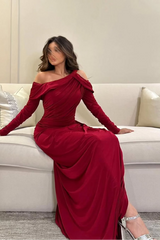 Off the Shoulder Long Sleeves Split Long Formal Dress With Pleated