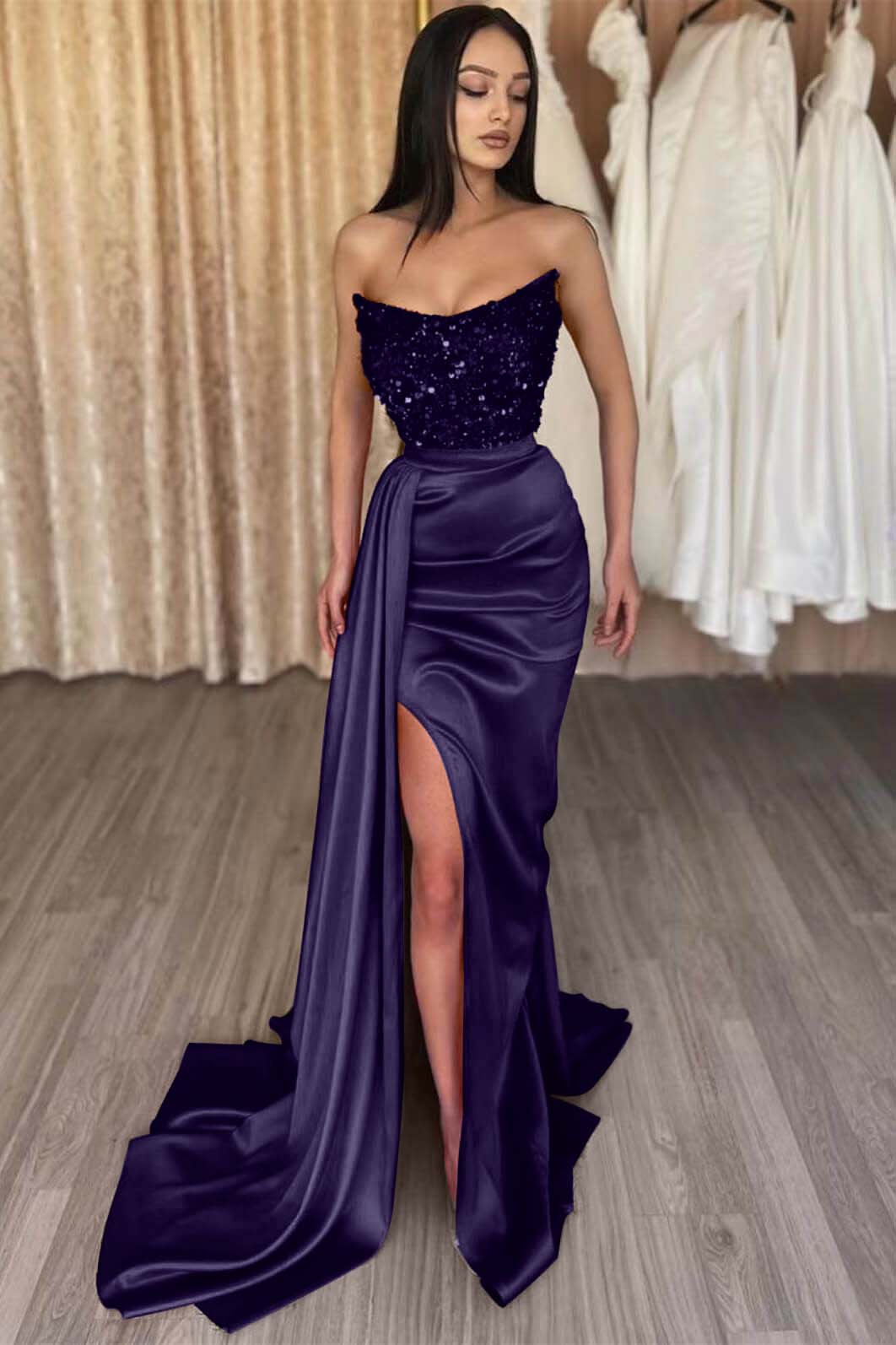 Red Strapless Elegant Sleeveless Long Sequins Formal Dress Mermaid Side Split