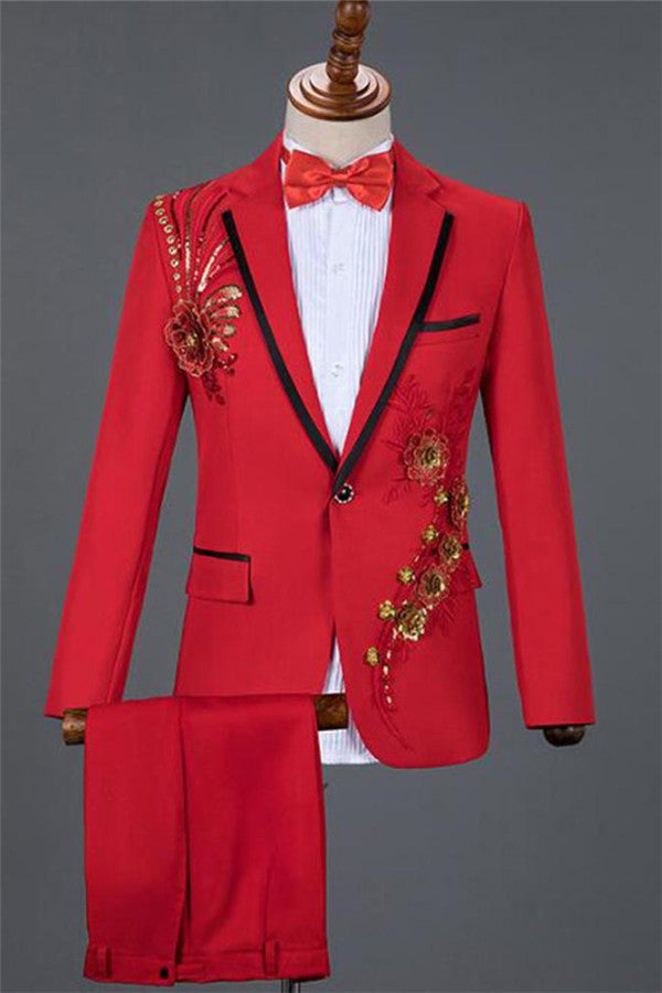 Newinlook Newest Red Sequin Floral Embroidery One-Button Wedding Suit for Boy