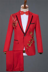 Newinlook Newest Red Sequin Floral Embroidery One-Button Wedding Suit for Boy