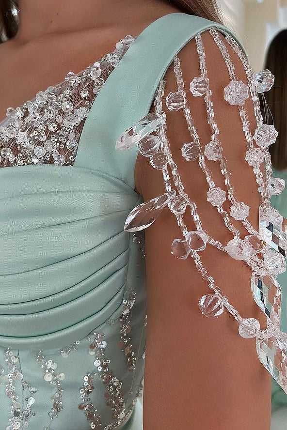 Amazing Mint Green Cap Sleeves Formal Dress Long Front Slit With Buttons Beads