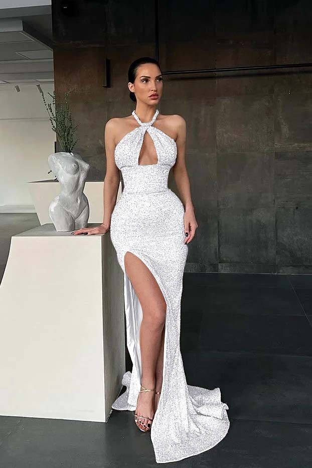 Halter Sleeveless Long Mermaid Formal Dress With Split Sequins