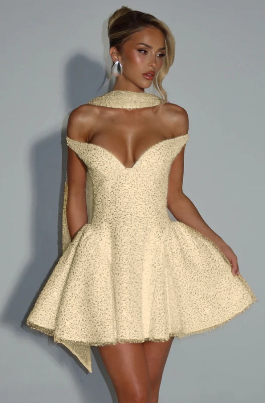 Off the Shoulder Sleeveless Short A Line Formal Dress With Sequin