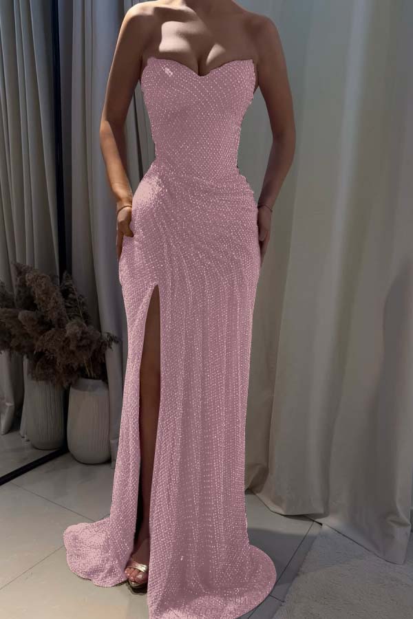 Strapless Sleeveless Mermaid Long Formal Dress With Split Pleated