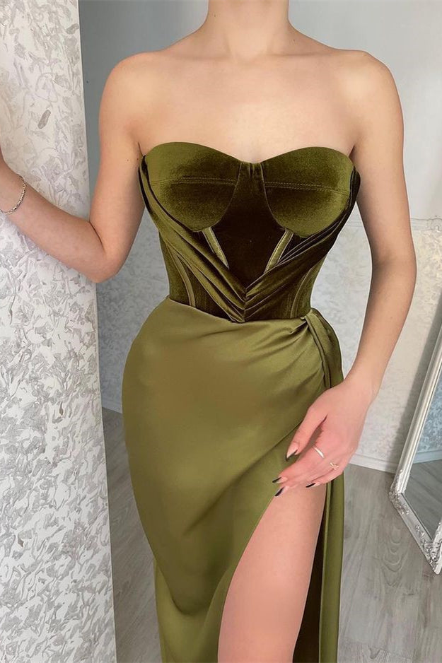 Newinlook Olive Green Mermaid Strapless Evening Dress With Split