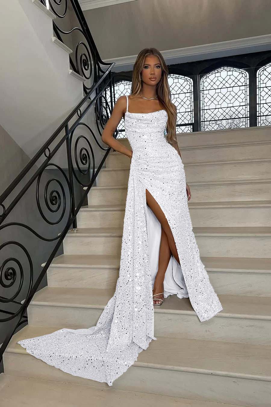 Sequins Spaghetti Strap Sleeveless Long Mermaid Formal Dress With Split