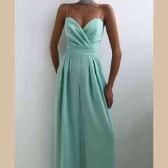 Newinlook Chic Spaghetti Strap Sleeveless Mint Green Pleated Jump Suit