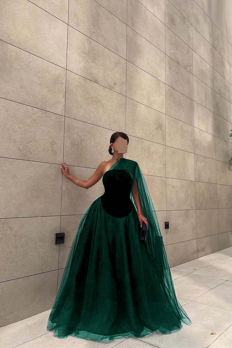Chic Black Tulle One Shoulder Sleeveless Ball Gown Long Formal Dress