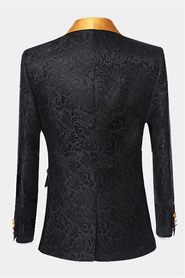Newinlook Gold Three Piece Shawl Lapel Black Jacquard Suit for Men's Wedding