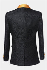 Newinlook Gold Three Piece Shawl Lapel Black Jacquard Suit for Men's Wedding
