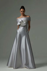 Off the Shoulder Sleeveless Long Formal Dress With Pleated Pocket