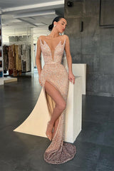 Newinlook V-Neck Sequins Sleeveless Evening Dress Mermaid With Split