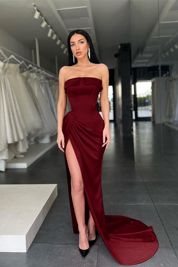 Newinlook Red Strapless Mermaid Charmeuse Evening Dress Split