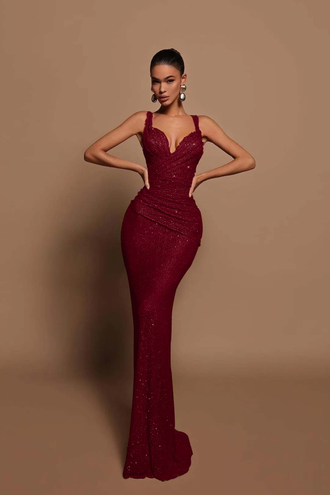 Sexy Pink Long Sequins Formal Dress V Neck Mermaid Sleeveless