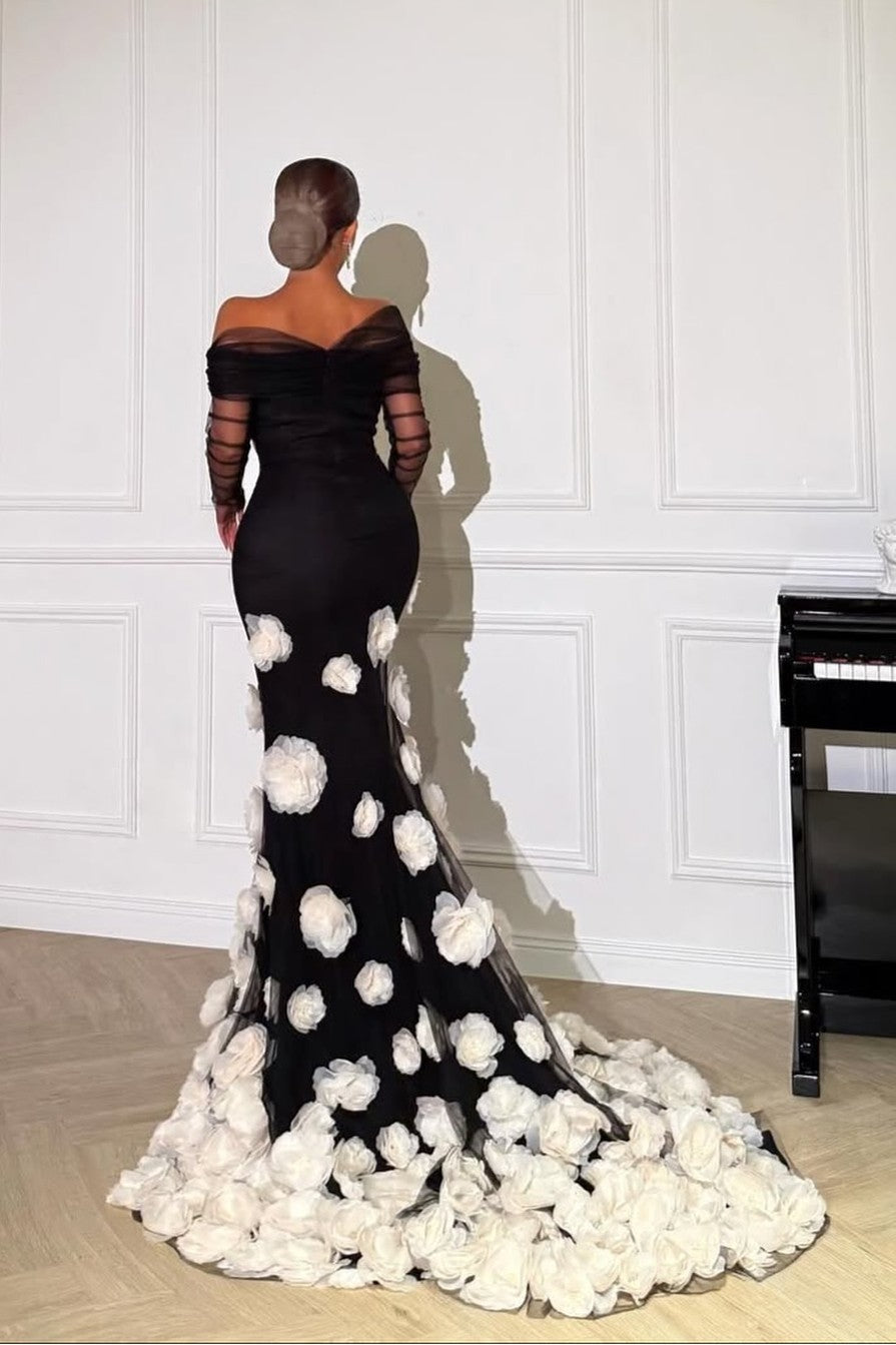 Off the Shoulder Long Sleeves Long Mermaid Formal Dress With Appliques
