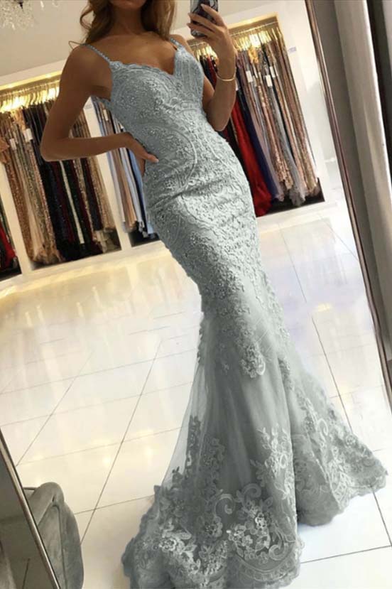 Newinlook Spaghetti-Straps Mermaid Sky Blue Evening Dress