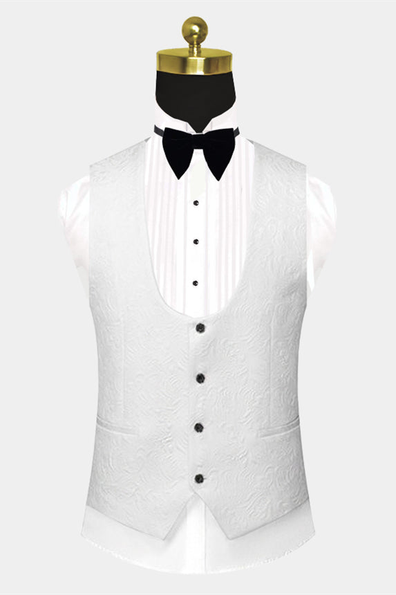 Newinlook Gentle White Jacquard Wedding Suit with Black Satin Lapel for Men
