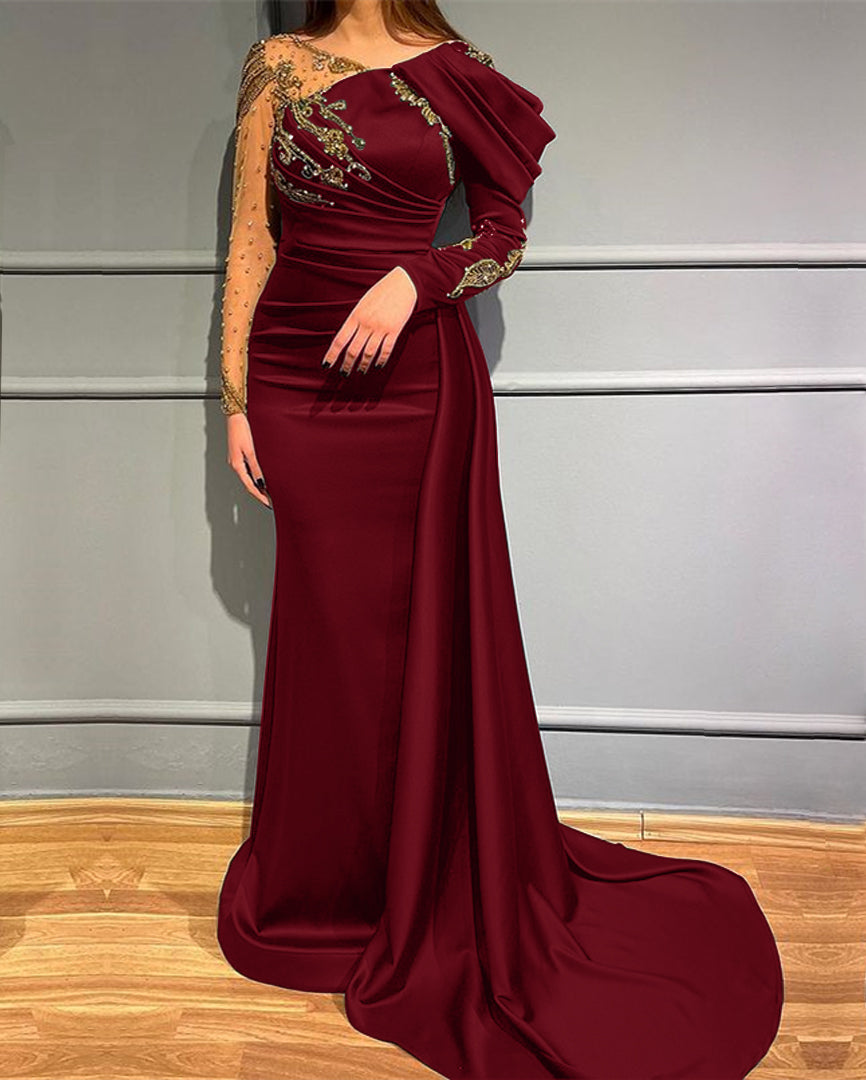 Newinlook Dark Green Mermaid Long Sleeves Beads Evening Dress With Appliques